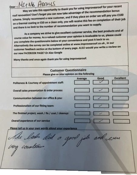 roof coating and cleaning testimonial cheshire